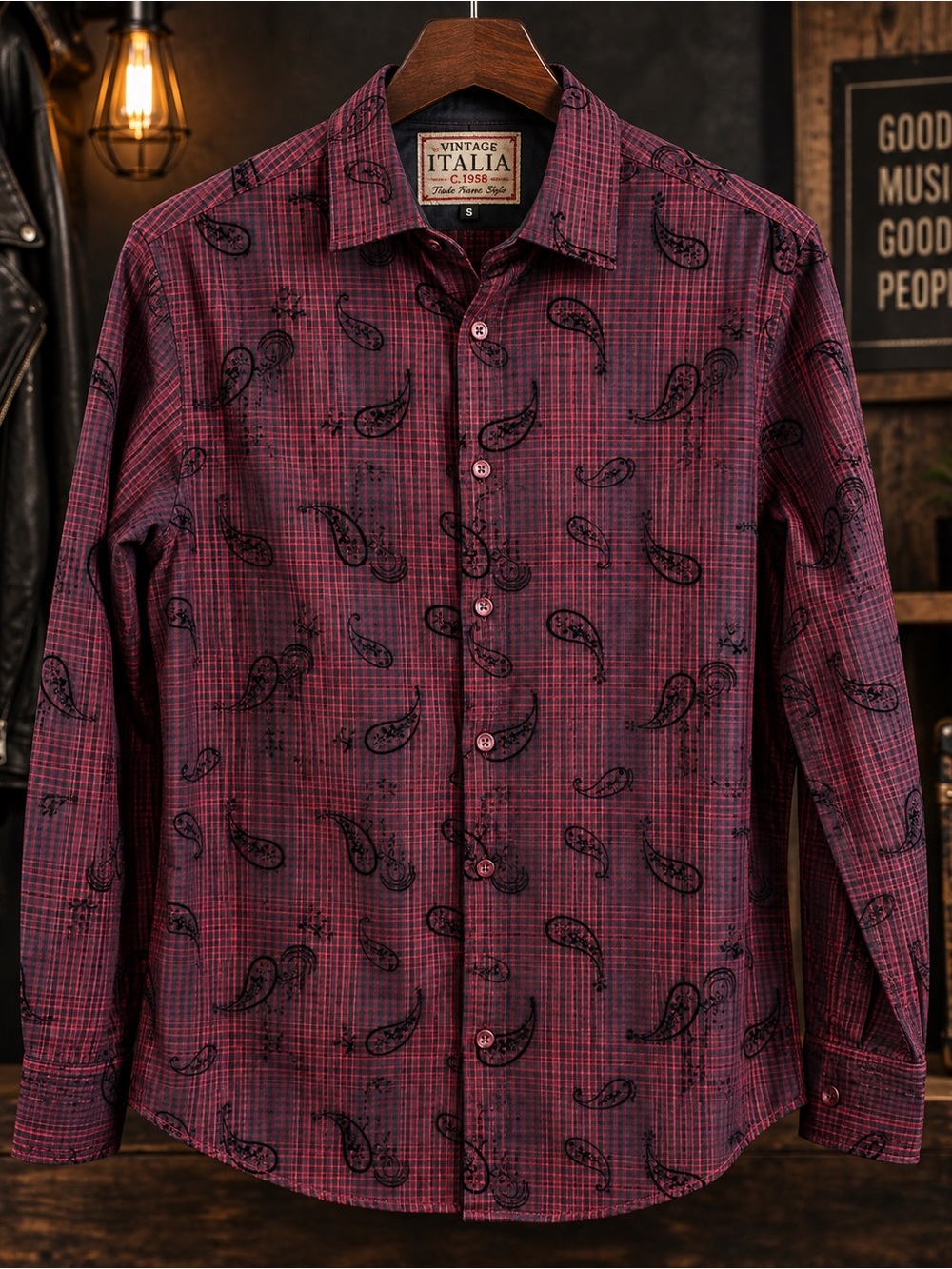 Italia Vintage Burgundy Paisley Long-Sleeve Button-Down Shirt